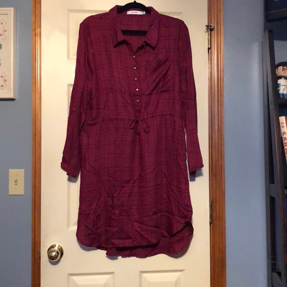 Drawstring red/black plaid shirt dress